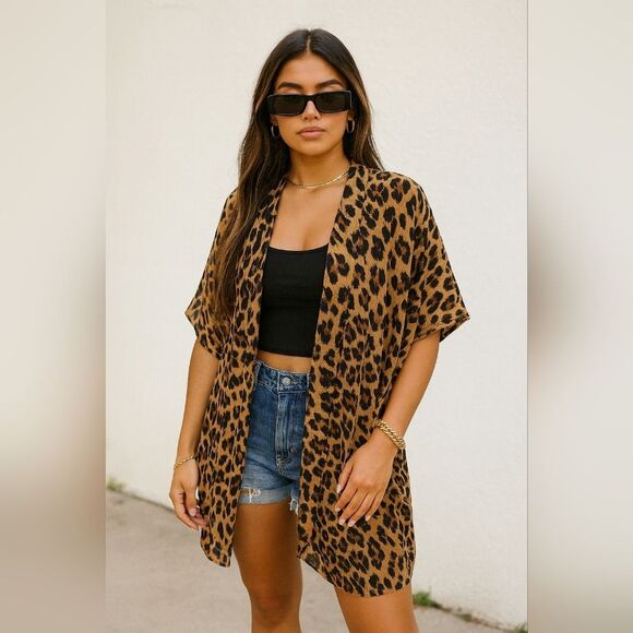 Animal Print Kimono Cover Up Cape Brown Black OSFM Mobwife Y2K Baddie - Picture 1 of 6